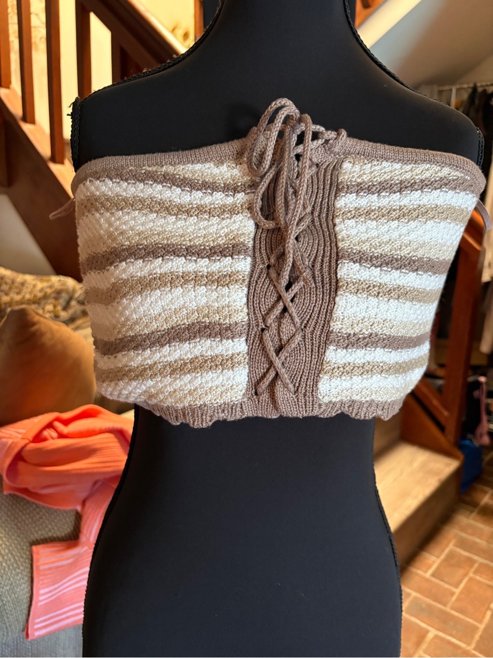 Garage Tube Top Striped Knit Lace-Up Tube Sweater Top - Cream & Tan